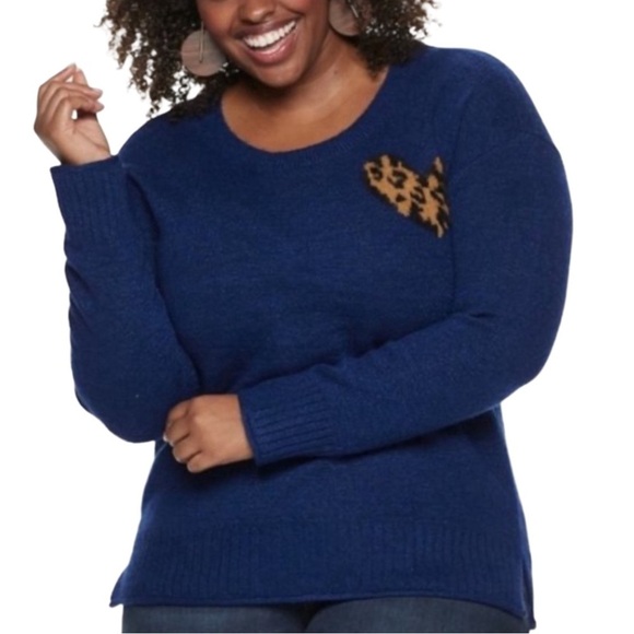 NWT Evri Leopard Heart Graphic Blue Metallic Sweater Size 1X - Picture 1 of 7